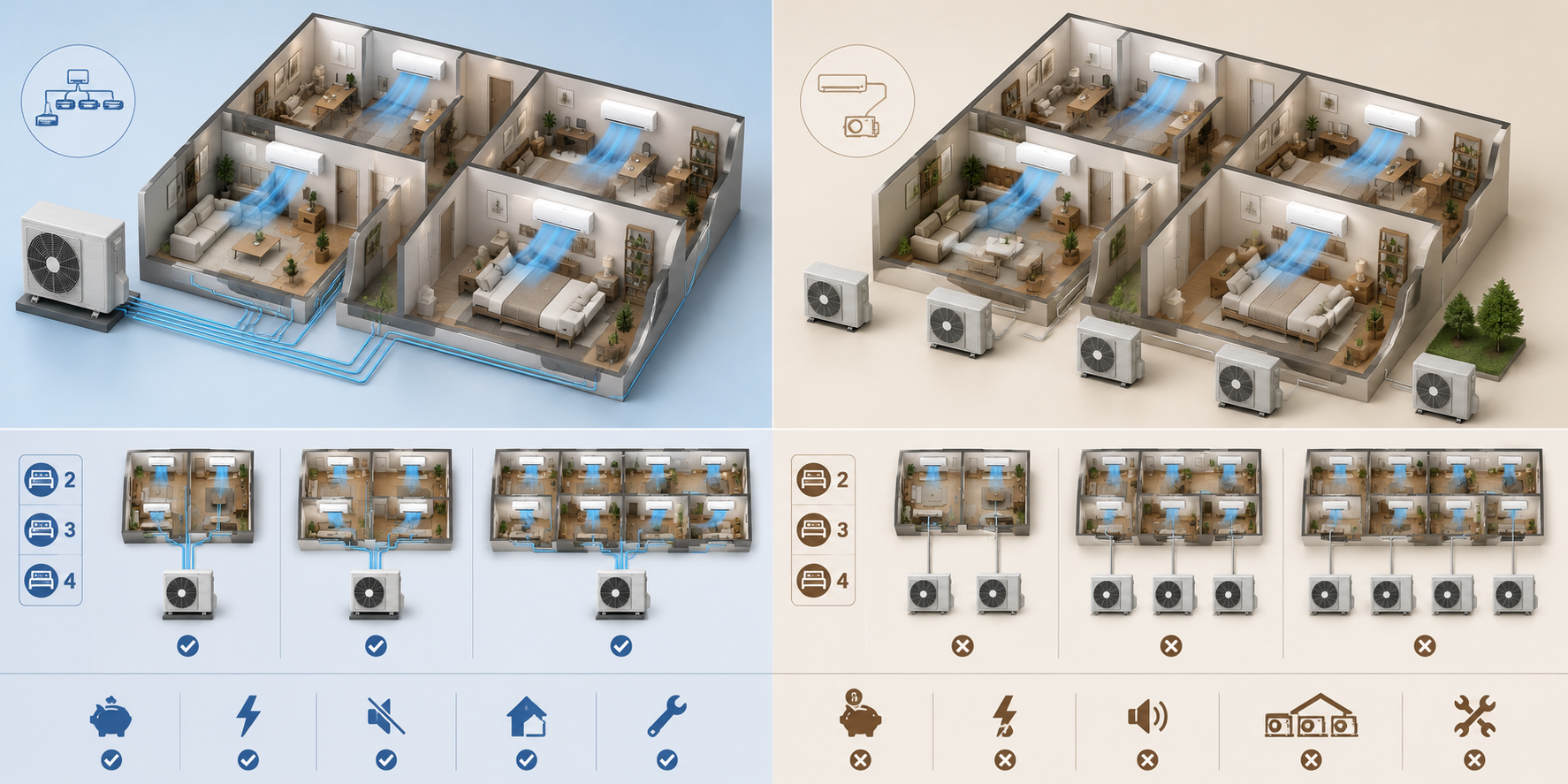 Aer conditionat multisplit sau mai multe aparate monosplit? Ce alegi pentru 2, 3 sau 4 camere
